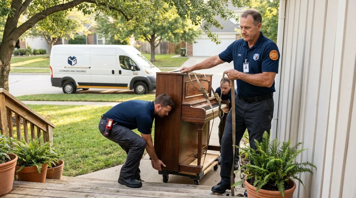 Licensed piano movers securing grand piano in Bridgeport, AL