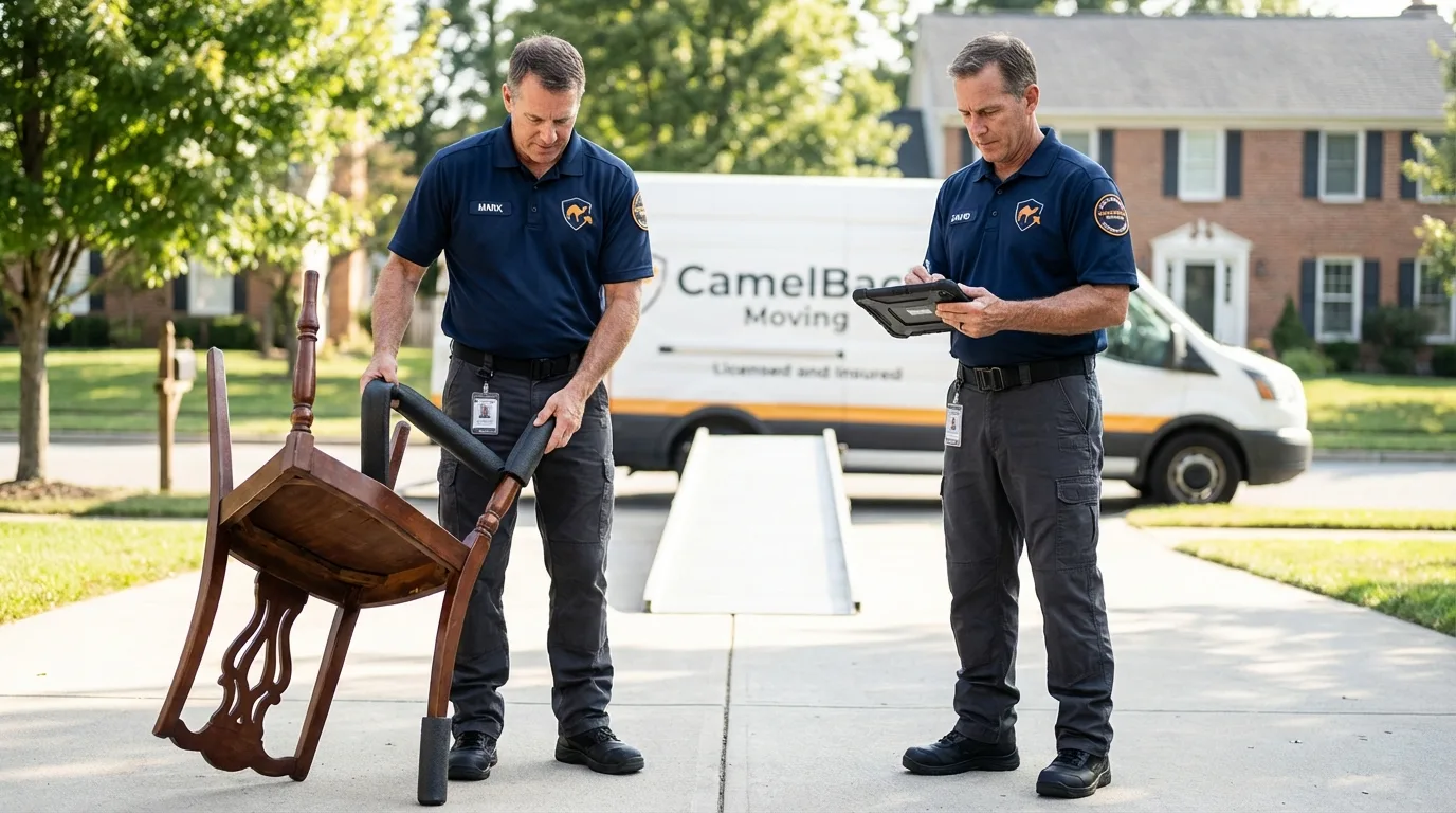 Movers inspecting furniture for damage prevention before loading in Bridgeport, AL